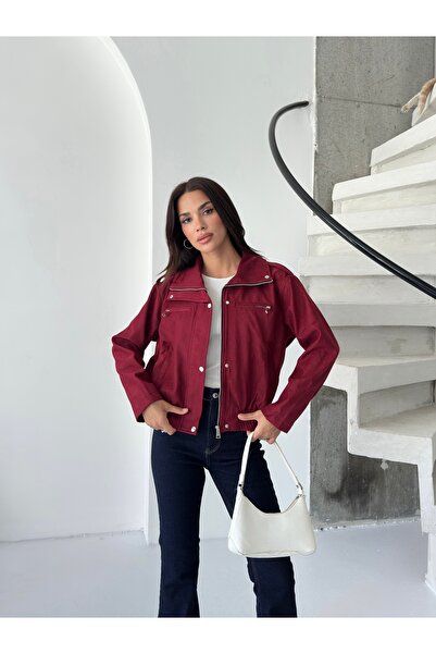 Femistik Women's Burgundy Original Bomber Jacket with Pocket Detail