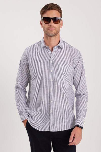 Tudors Men's Regular Fit Classic Cut Long Sleeve 100% Cotton Linen Texture Single Pocket Smoked Striped Shirt