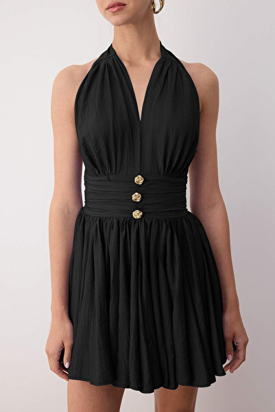 Trendyol Collection Black Waist Opening/Skater Fall Detail Chiffon Short/Mini Dress Tprss25El00319