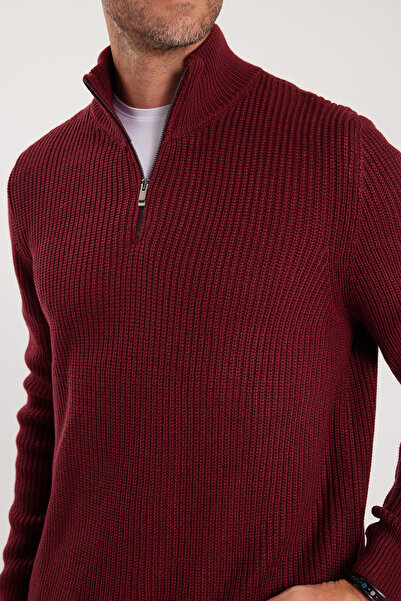 Tudors Erkek Slim Fit Dar Kesim Fermuarlı Bordo Dik Yaka Triko Kazak