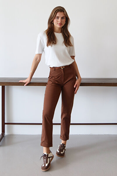 Trendyol Collection Brown Belted Chino Trousers Twoaw26Pl00109