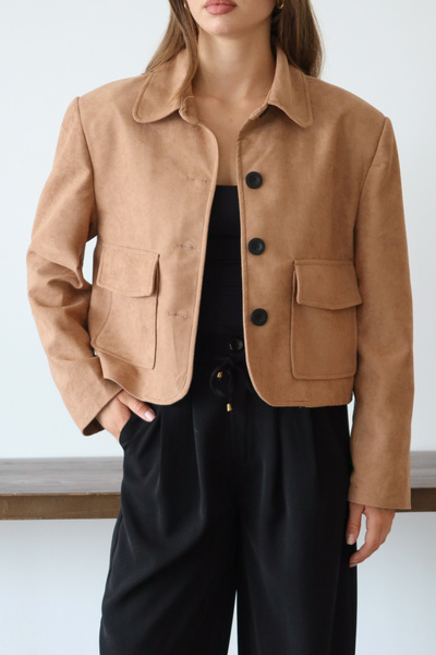 Trendyol Collection Camel Short Buttoned Wide/Relaxed Fit Woven Suede Jacket Twoaw26Ce00064