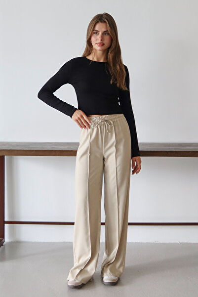 Trendyol Collection Stone Ribbed Wide Leg Long Woven Trousers Twoaw26Pl00111
