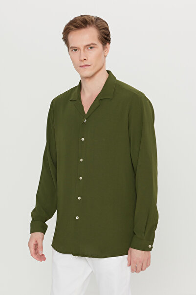 AC&Co / Altınyıldız Classics Erkek Haki Comfort Fit Rahat Kesim Hawai Yaka Jakarlı Gömlek