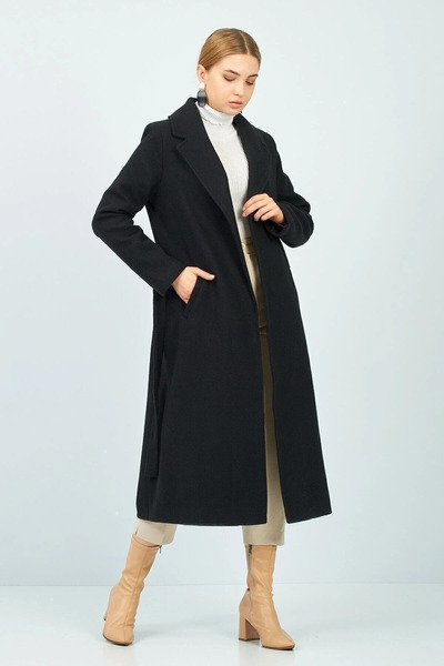 MİSS PERRY Fekete öves, bélelt hosszú kabát