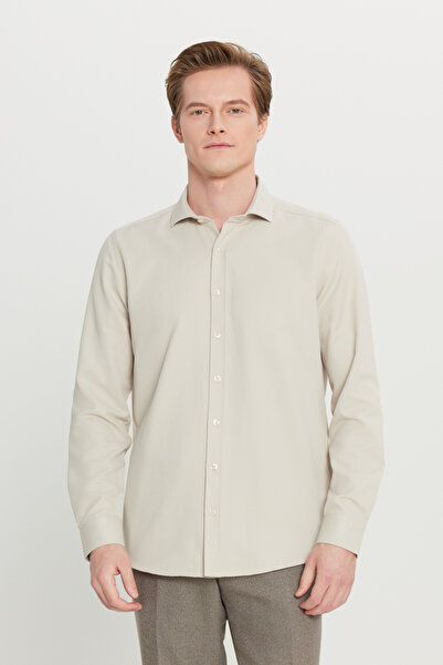 AC&Co / Altınyıldız Classics Erkek Bej Kolay Ütülenebilir Slim Fit Dar Kesim Italyan Yaka Armürlü Gömlek