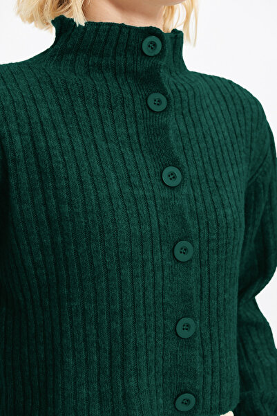 Trendyol Collection Emerald Green Crop Soft Textured Stand Collar Knitwear Cardigan Twoaw22Hi0174