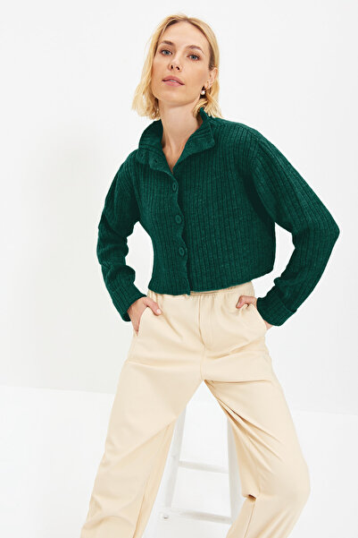 Trendyol Collection Emerald Green Crop Soft Textured Stand Collar Knitwear Cardigan Twoaw22Hi0174
