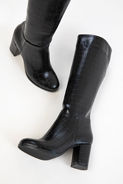 SOHO Schwarze Damenstiefel aus Krokodilleder 17548
