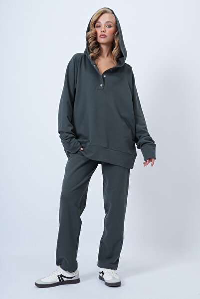 Trend Alaçatı Stili Women's Anthracite Hooded Snap Fastener Oversize Sweatshirt and Pants Bottom Top Set Alc-X12476