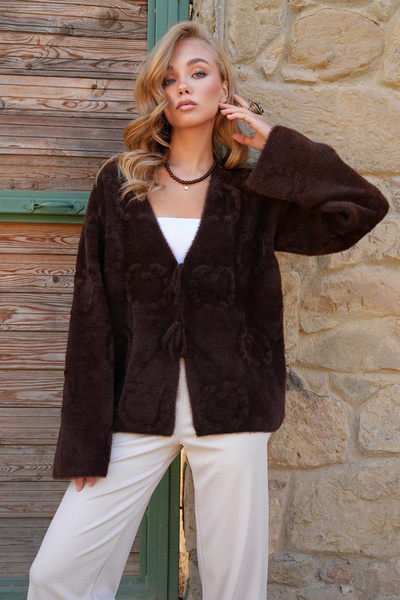 Trend Alaçatı Stili Dámska hnedá pletená bunda s reliéfnym vzorom Alc-X14488