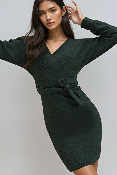 Trend Alaçatı Stili Women's Olive Green Double Breasted Collar Bat Sleeve Belted Waist Camisole Dress Alc-X7623