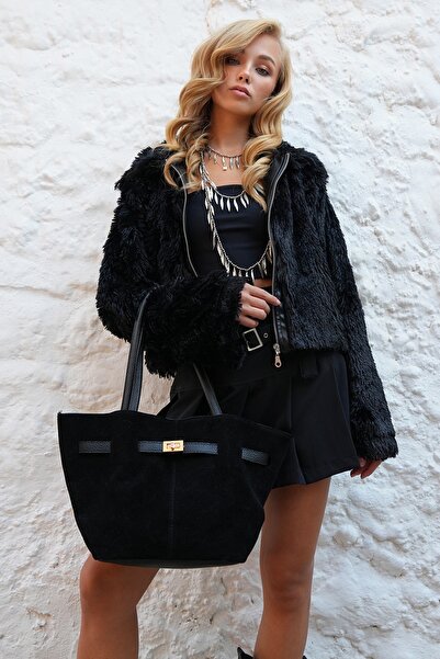 Trend Alaçatı Stili Dámská černá semišová taška Shopper Alc-X14494