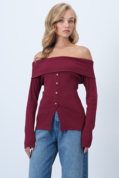Trend Alaçatı Stili Women's Burgundy Madonna Collar Front Slit Knitted Blouse Alc-X14527