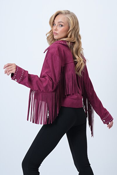 Trend Alaçatı Stili Women's Burgundy Staple Detailed Suede Jacket with Tassels on the Back and Lining Alc-X14520