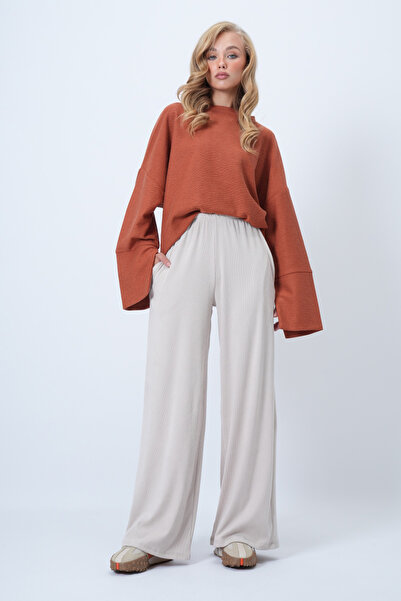 Trend Alaçatı Stili Kadın Bej Çift Cepli Beli Lastikli Yumuşak Dokulu Geniş Paça Örme Pantolon Alc-X14458