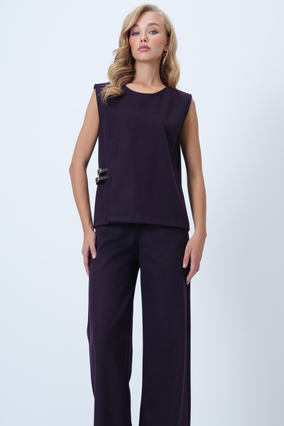 Trend Alaçatı Stili Női szilva színű, nyakú, bőr csatos, bélyegzett ujjatlan blúz és zsebes palazzo nadrág szett Alc-X14444