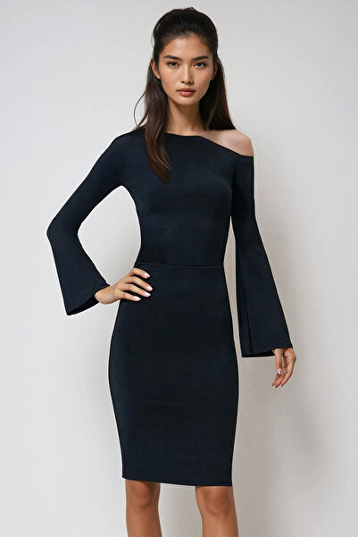 Trend Alaçatı Stili Kadın Siyah Asimetrik Yaka Beli Drapeli Sandy Elbise Alc-X14450