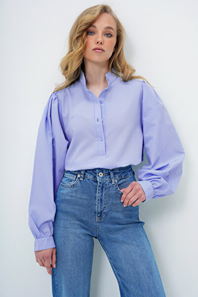 Trend Alaçatı Stili Women's Lilac Judge Collar Half Placket Balloon Sleeve Poplin Shirt Blouse Alc-X14059