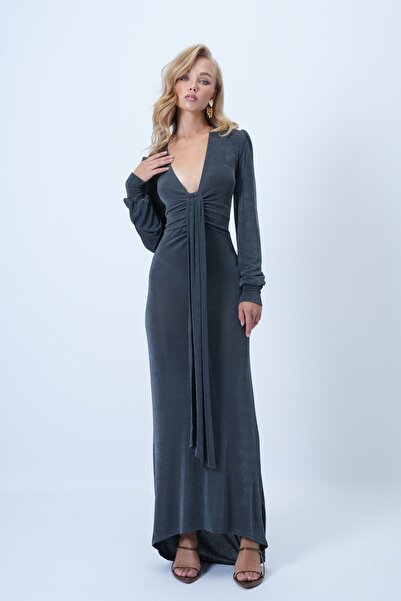 Trend Alaçatı Stili Women's Smoke Gray V-Neck Scarf Detailed Maxi Length Buzzy Premium Dress Alc-X14503