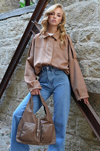 Trend Alaçatı Stili Braune Damen-Shopper-Tasche mit dicken Riemen und zwei Fächern, Alc-X14496