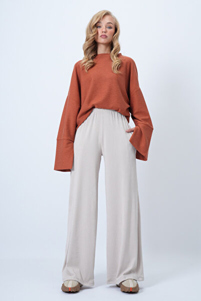 Trend Alaçatı Stili Kadın Bej Çift Cepli Beli Lastikli Yumuşak Dokulu Geniş Paça Örme Pantolon Alc-X14458