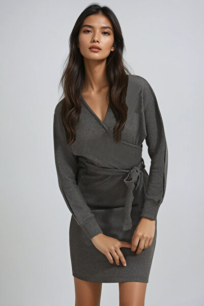 Trend Alaçatı Stili Women's Smoke Grey Double Breasted Collar Bat Sleeve Belted Waist Camisole Dress Alc-X7623