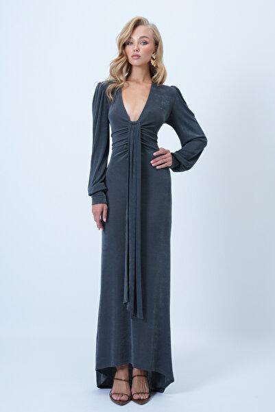 Trend Alaçatı Stili Women's Smoke Gray V-Neck Scarf Detailed Maxi Length Buzzy Premium Dress Alc-X14503