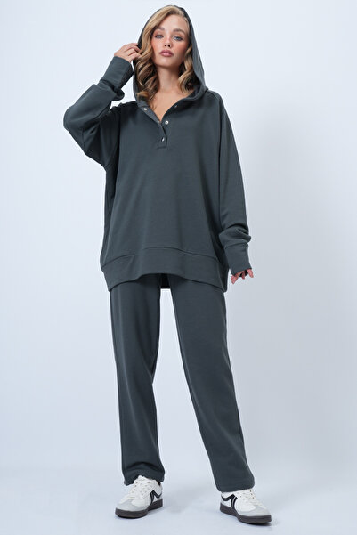 Trend Alaçatı Stili Women's Anthracite Hooded Snap Fastener Oversize Sweatshirt and Pants Bottom Top Set Alc-X12476
