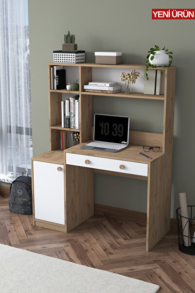 Rani Mobilya Rani HA126 Kitaplıklı 4 Raflı Kapaklı Çekmeceli Çalışma Ofis Bilgisayar Masası Sepet Ceviz - Beyaz