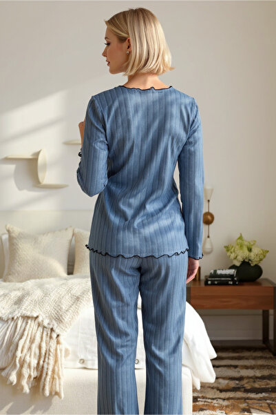 BELLA NOTTE İndigo Pamuklu Fiyonk Detaylı Pijama Takımı