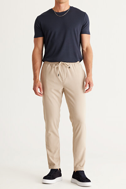 AC&Co / Altınyıldız Classics Erkek Bej Slim Fit Rahat Kesim Beli Bağlamalı Yan Cepli Jogger Pantolon