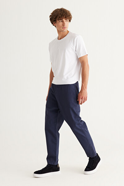 AC&Co / Altınyıldız Classics Erkek Lacivert Relax Fit Rahat Kesim Beli Bağlamalı %100 Pamuk Pantolon