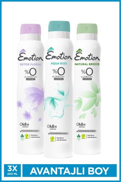 Emotion Kadın Vegan Deodorant Set 3x200 Ml (Aqua Kiss, Natural Breeze,Detox Floral) Leke Bırakmaz