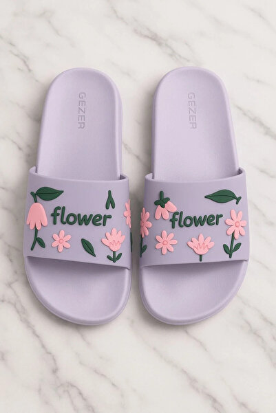 GEZER Mor Flower Havuz Terlik - Plaj Çiçek Desenli Terlik
