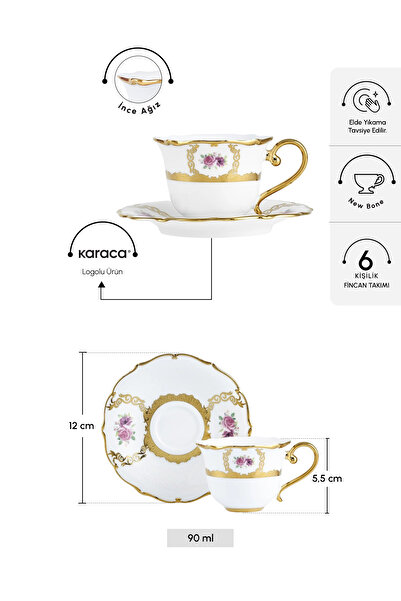 Karaca Royal Bone Elizabeth 6 Kişilik Kahve Fincan Takımı 90 ml
