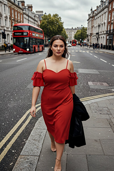Trendyol Curve Red Bodycon Rose Accessory Woven Lining Evening/Night/Homecoming Dress Tbbss24Ah00216