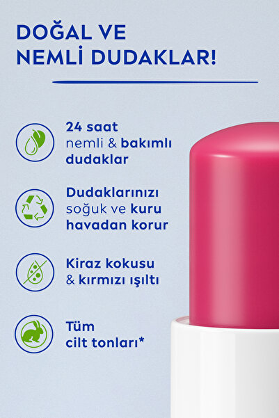 NIVEA Kiraz Dudak Bakım Kremi 4.8gr, Nemlendirici, Hafif Kırmızı Işıltı, Dudak Parlatıcısı