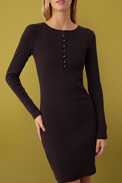 Trendyol Collection Brown Fitted/Bodycon Button Mini Knitted Dress Twoaw26El00215