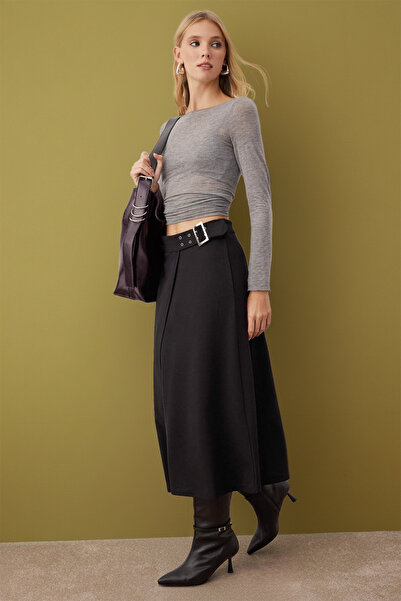 Trendyol Collection Black Belt Detail Skater Stretchy Crepe Knitted Skirt Twoaw26Et00116