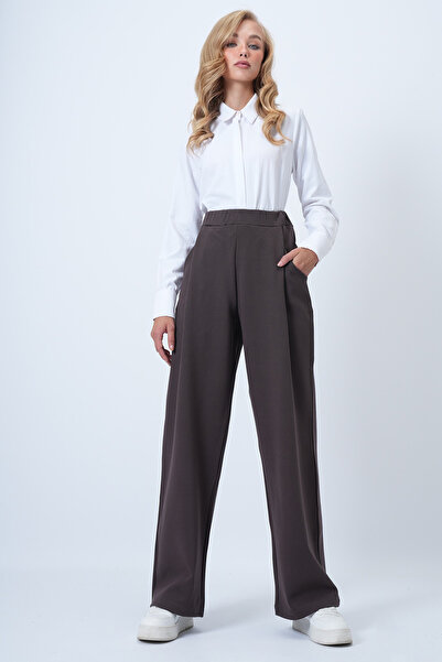Trend Alaçatı Stili Kadın Acı Kahve Pile Detaylı Örme Palazzo Pantolon ALC-X14535