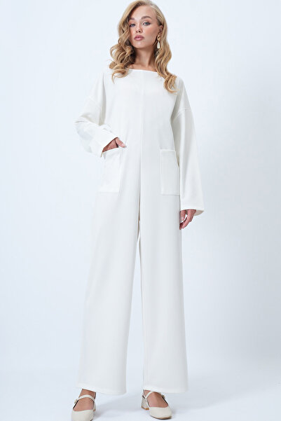 Trend Alaçatı Stili Γυναικεία φόρμα με φερμουάρ στην πλάτη με λαιμόκοψη εκρού ALC-X14554