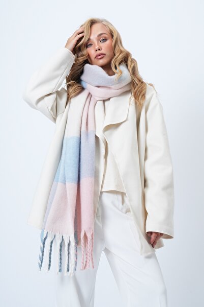 Trend Alaçatı Stili Women's Blue-Pink Wool Blend Fringed Winter Shawl Alc-X14581
