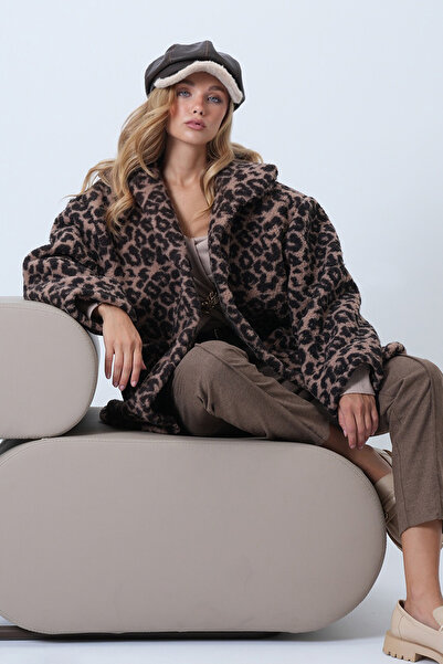 Trend Alaçatı Stili Női leopárd dupla zsebes plüsskabát ALC-X14456