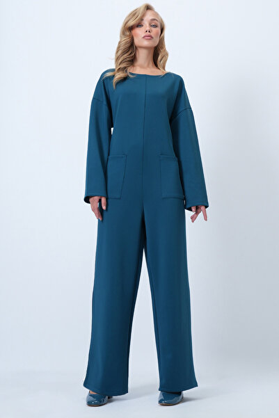 Trend Alaçatı Stili Salopetă pentru femei, albastru petrol, cu decolteu, cu fermoar la spate, cu croială confortabilă ALC-X14554