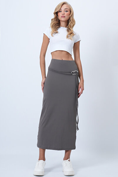 Trend Alaçatı Stili Women's Gray Belt Detailed Midi Length Sandy Skirt Alc-X14550