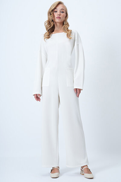 Trend Alaçatı Stili Γυναικεία φόρμα με φερμουάρ στην πλάτη με λαιμόκοψη εκρού ALC-X14554