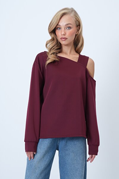 Trend Alaçatı Stili Women's Burgundy Asymmetrical Cut Shoulder Band Detailed Knitted Blouse Alc-X14574