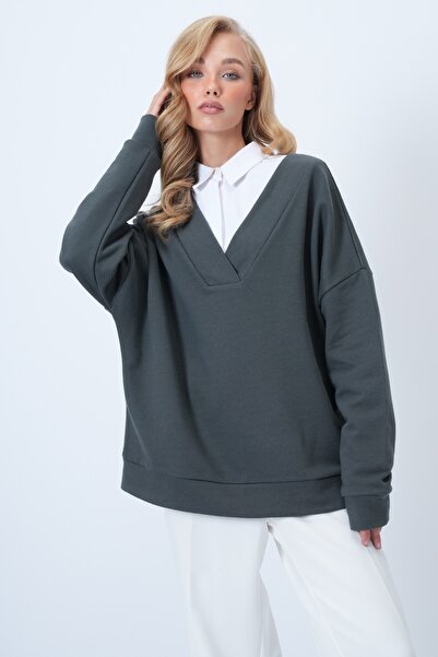 Trend Alaçatı Stili Women's Khaki V-Neck Double-Breasted Oversized Sweatshirt Alc-X14555