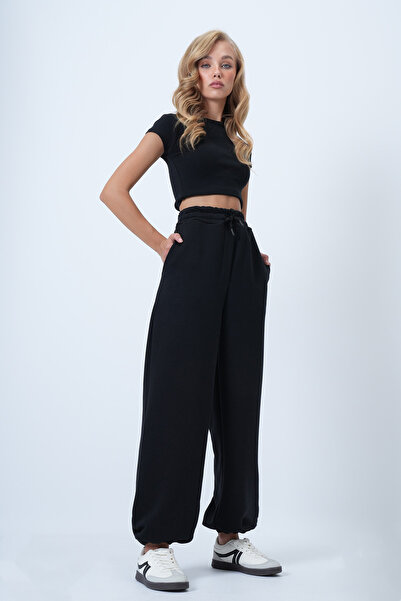 Trend Alaçatı Stili Γυναικείο μαύρο πλεκτό παντελόνι με διπλή τσέπη και ελαστ...